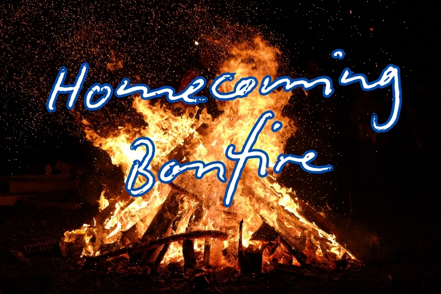 Homecoming Bonfire text with a photo of a fire